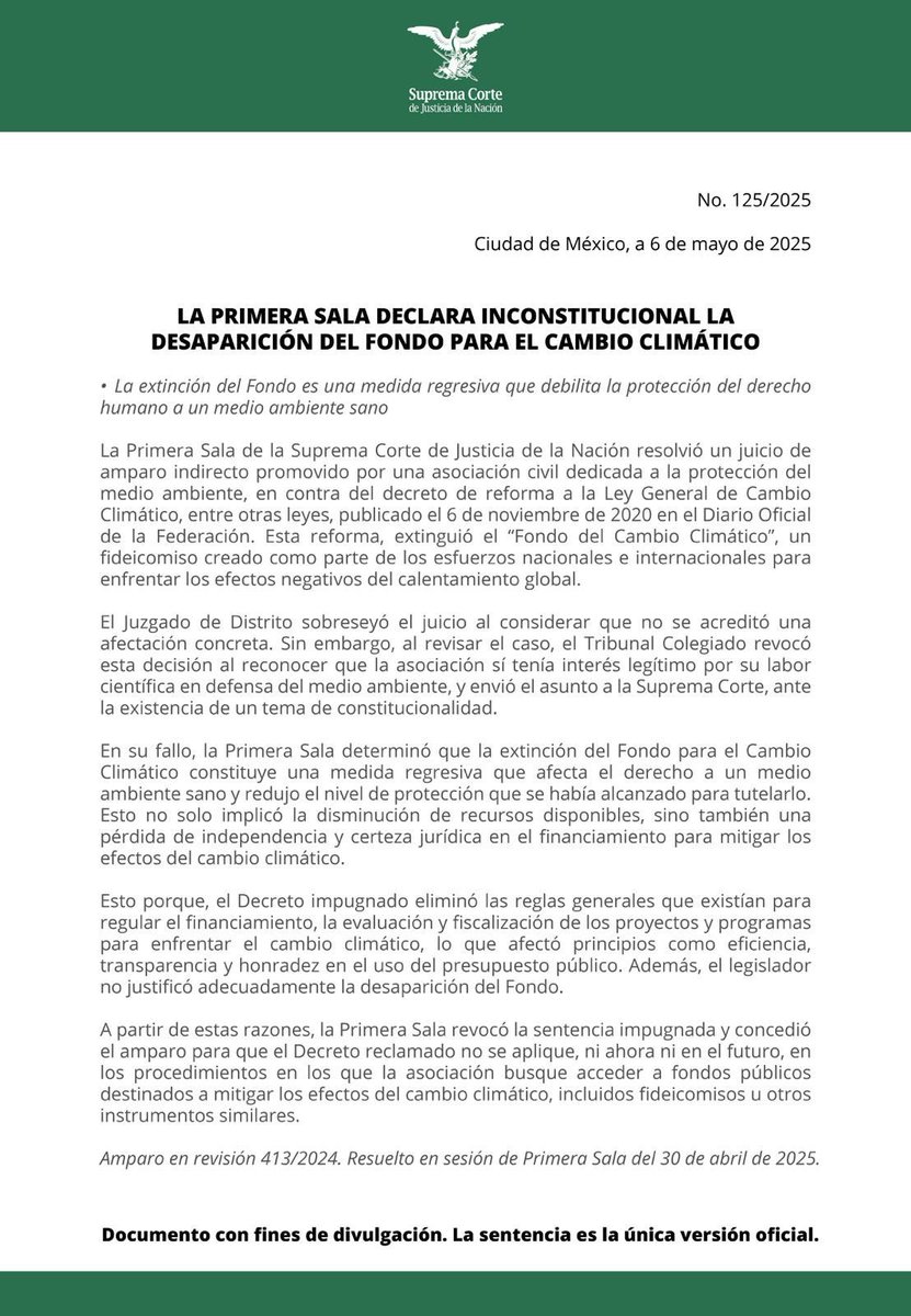 SCJN's tweet photo. La #PrimersaSalaSCJN declara inconstitucional la extinción del Fondo para el Cambio Climático, al tratarse de una medida regresiva de protección del derecho humano a un medio ambiente sano.
https://t.co/DsEUQK5A4S https://t.co/1UzxnLQosy
