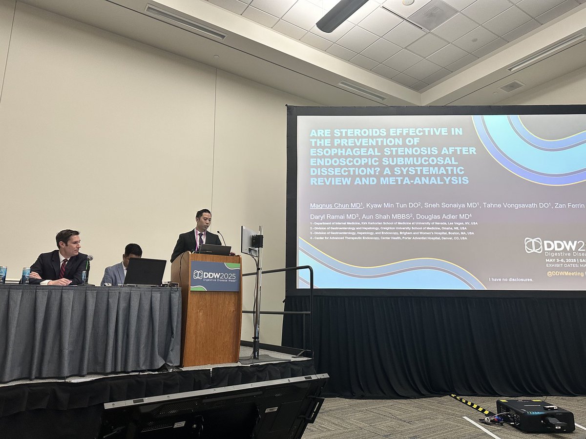 ChunMagnus's tweet image. Thank you #DDW and @ASGEendoscopy for the invitation to speak regarding our study on efficacy and safety outcomes of steroids post-ESD to prevent stenosis. Had a great time networking and learning!
@DouglasAdlerMD
@DarylRamai
@sneh_sonaiya
@unlvmedicine
@CreightonGI