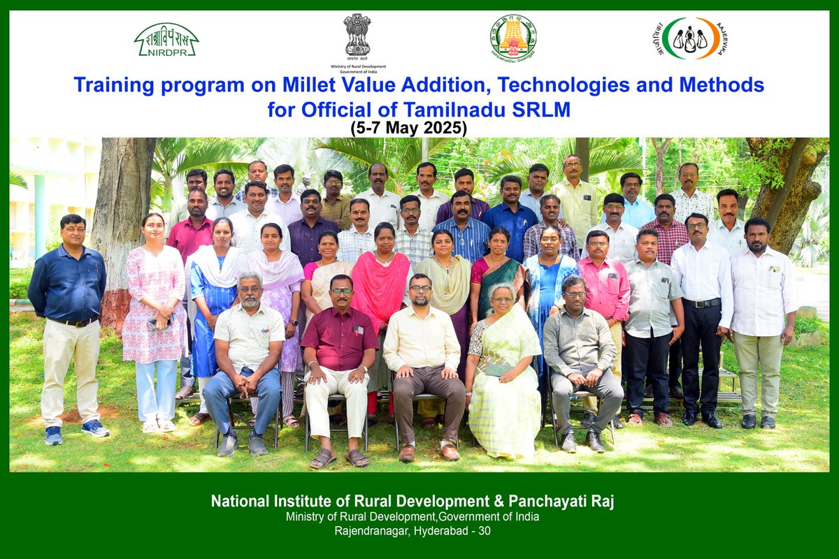 NIRDPR_India's tweet photo. 🌾 A 3-day training on Millet Value Addition, Technologies & Methods was held at @NIRDPR_India, Hyderabad for officials of #TamilNaduSRLM (5–7 May 2025).

Empowering agri-entrepreneurs for a millet-smart future! 🌱💼

#Millets #SRLM #RuralDevelopment #EatMillets #AgriInnovation #CapacityBuilding