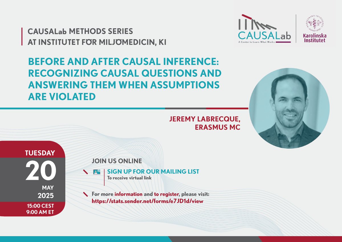 CAUSALab (@causalab) on Twitter photo How do we answer #causal questions when assumptions are violated?
Jeremy Labrecque (<a href="/ErasmusMC/">Erasmus MC</a>) continues the 2025 Methods Series <a href="/karolinskainst/">Karolinska Institutet</a>
📆 May 20, 2025
⏰ 15.00 CEST/9.00 ET
📍 All Methods Series talks virtual
Register to attend online 👇
stats.sender.net/forms/e7JD1d/v… How do we answer #causal questions when assumptions are violated?
Jeremy Labrecque (<a href="/ErasmusMC/">Erasmus MC</a>) continues the 2025 Methods Series <a href="/karolinskainst/">Karolinska Institutet</a>
📆 May 20, 2025
⏰ 15.00 CEST/9.00 ET
📍 All Methods Series talks virtual
Register to attend online 👇
stats.sender.net/forms/e7JD1d/v…