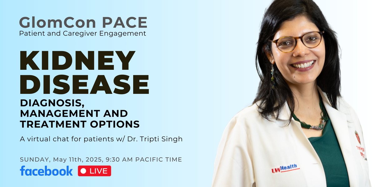 Have you or a family member been diagnosed with kidney disease?
Do you have questions about understanding and navigating your disease?

📣 Join us on Facebook LIVE for our next GlomCon PACE (Patient and Caregiver Engagement) session and to have your questions answered by Dr.