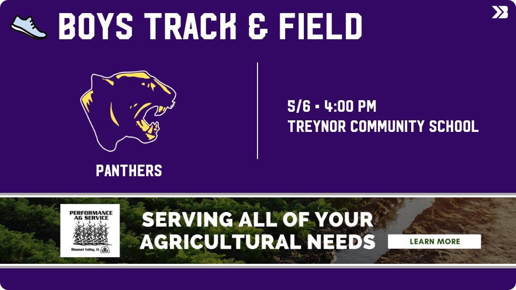 Boys Track &amp; Field (Varsity) Meet Day! - Check out the event preview for the Logan-Magnolia Panthers. It starts at 4:00 PM and is at Treynor Community School. gobound.com/ia/ihsaa/boyst…