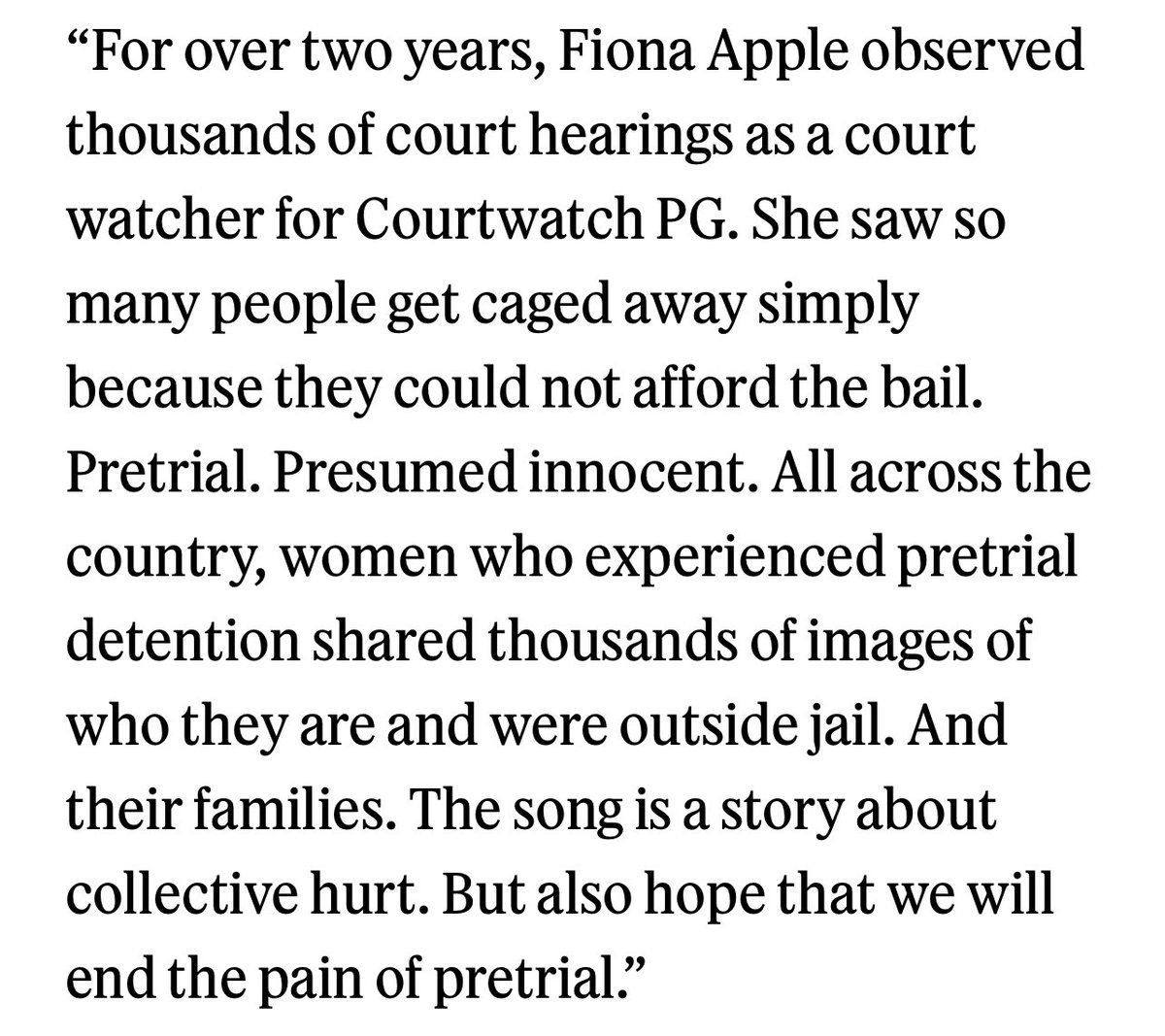 NEW FIONA APPLE SONG TOMORROW AFTER A 5 YEAR DROUGHT!!! PRETRIAL (LET HER GO HOME) is a song written to advocate for pretrial freedom and raise money for local bail funds. PLS PLS STREAM
