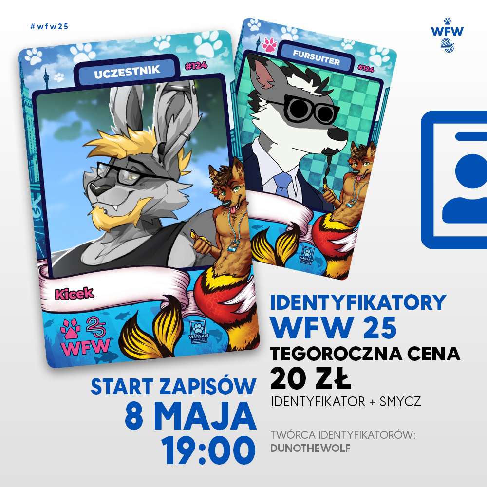 Oto one! Tegoroczne identyfikatory. 🥰
Za projekt odpowiada DunotheWolf.

Więcej szczegółów znajdziecie na naszym kanale informacyjnym 👉 t.me/ogloszeniawfw

#wfw25 #fursuitwalk #fursuit #art