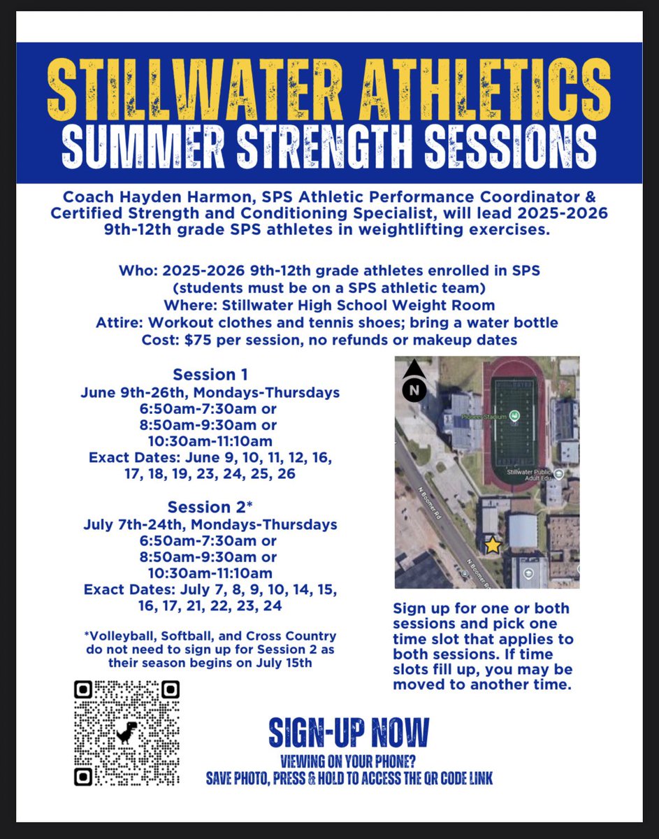 Stillwater student athletes, summer is approaching! Ensure you register for summer strength sessions. Additionally, get your Under Armour gear in the strength store. We look forward to having all student athletes on campus participating in workouts this summer!!