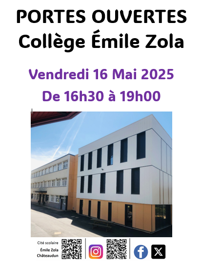 citescoZola28's tweet photo. 📅A vos agendas ! Les Journées Portes Ouvertes du collège Emile Zola auront lieu le Vendredi 16 mai de 16h30 à 19h00.
La Direction et les équipes éducatives se feront un plaisir de répondre à toutes vos questions. @ac_orleanstours @PlayChateaudun https://t.co/PvCg3EAhg0