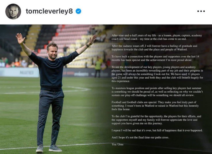 Kaye Holland (@kayeholland) on Twitter photo “I will be sad that it’s over, but full of happiness that it happened”
👏👏 Thank-you for everything, Tom Cleverley - a <a href="/WatfordFC/">Watford Football Club</a> legend. Once a hornet, always a hornet 🐝🐝💛💛
#tomcleverley #wfc #watfordfc #coyh #hornets #mymanager “I will be sad that it’s over, but full of happiness that it happened”
👏👏 Thank-you for everything, Tom Cleverley - a <a href="/WatfordFC/">Watford Football Club</a> legend. Once a hornet, always a hornet 🐝🐝💛💛
#tomcleverley #wfc #watfordfc #coyh #hornets #mymanager
