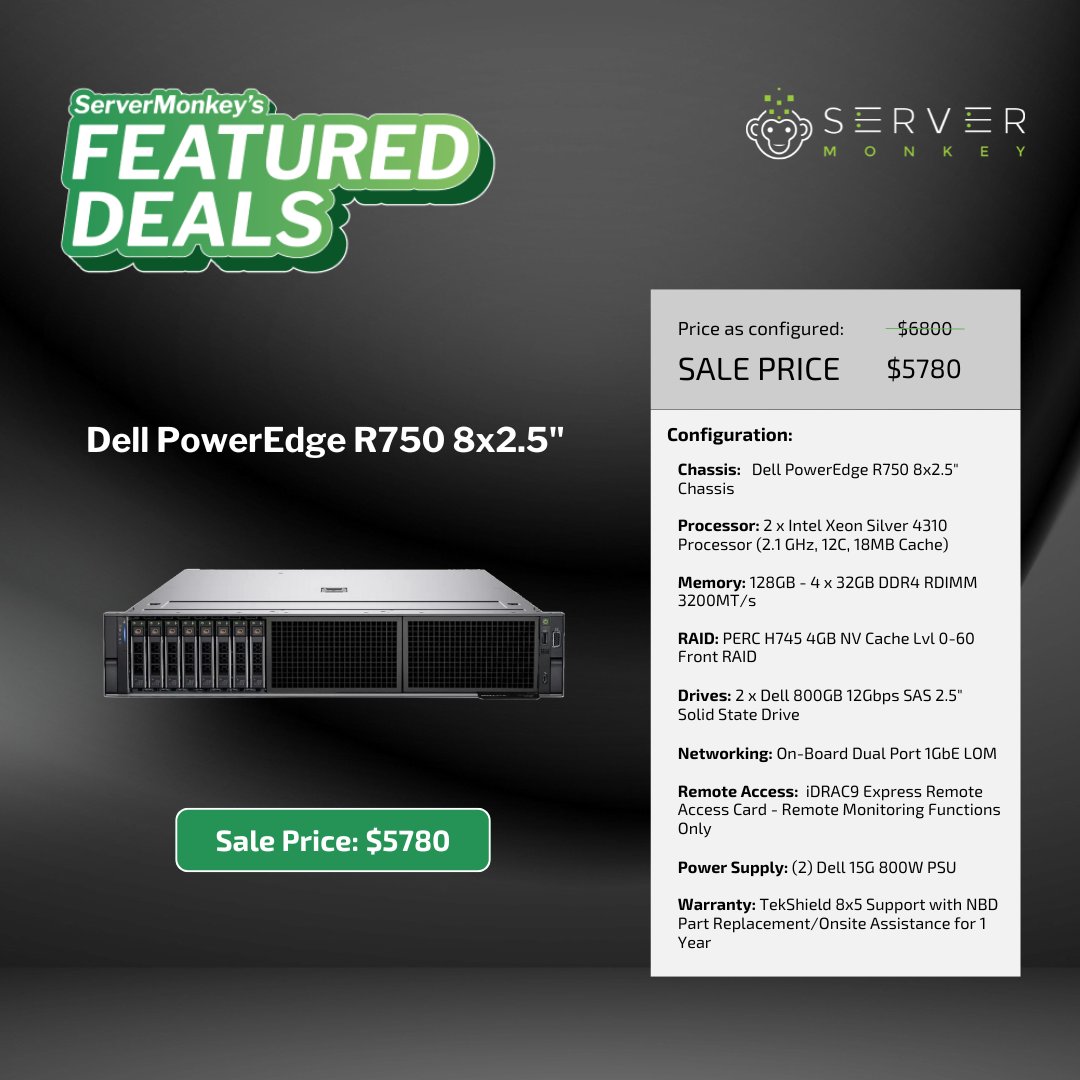 ServerMonkey (@myservermonkey) on Twitter photo 15% off Dell PowerEdge #R750 8-Bay: $5,780 (was $6,800)! Dual Xeon Silver 4310 CPUs, 128GB RAM, 1.6TB SSD storage, PERC H745 with 4GB cache.
🌐: hubs.ly/Q03lhM2m0 👨💻: 1-855-432-8918 | sales@servermonkey.com
#ServerMonkeyFeaturedDeal #DellEMC 15% off Dell PowerEdge #R750 8-Bay: $5,780 (was $6,800)! Dual Xeon Silver 4310 CPUs, 128GB RAM, 1.6TB SSD storage, PERC H745 with 4GB cache.
🌐: hubs.ly/Q03lhM2m0 👨💻: 1-855-432-8918 | sales@servermonkey.com
#ServerMonkeyFeaturedDeal #DellEMC