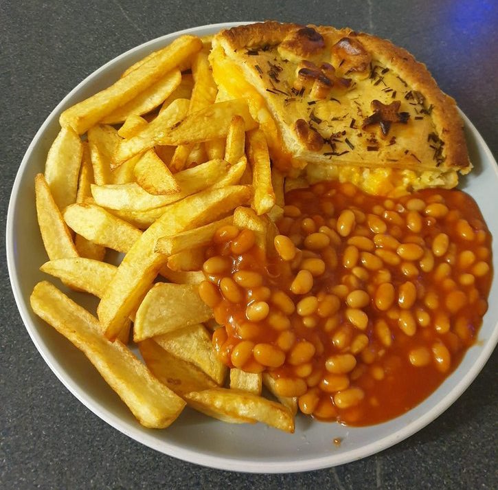 Cheese &amp; Onion Pie, Chips and Beans