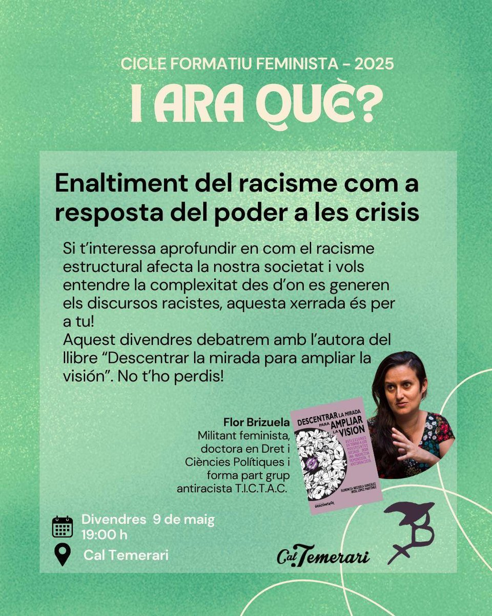 Aquest divendres, nova sessió del cicle de formació feminista!
En temps de retrocés de drets, ens organitzem per pensar, aprendre i resistir.
Ens acompanyarà la Flor Brizuela per parlar sobre racisme i poder.
Vine a reflexionar amb mirada crítica i feminista!
#FormacióFeminista