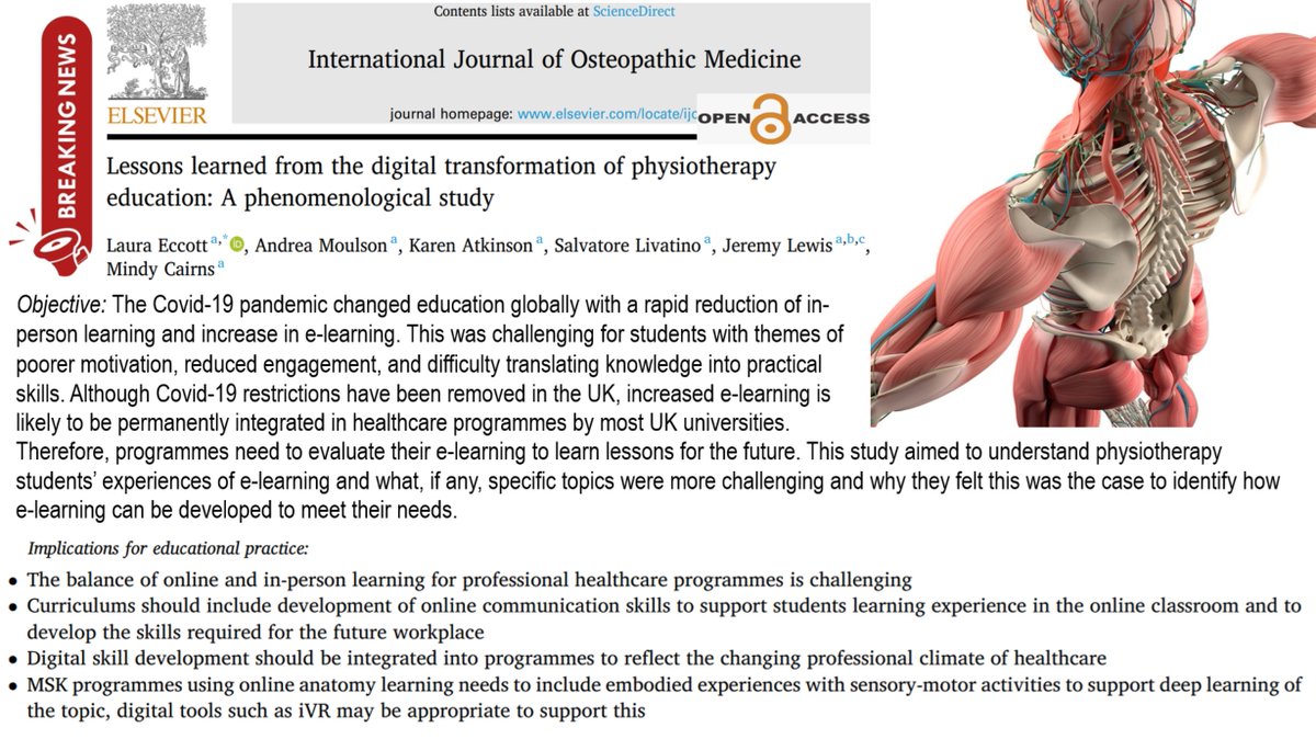 📢📢🔓 New paper:
Lessons learned from the digital transformation of physiotherapy education: A phenomenological study 
 sciencedirect.com/science/articl…
<a href="/UH_PG_Physio/">Uni Herts Post Grad Physio</a> <a href="/UniHertsPhysio/">@UniHertsPhysio</a> <a href="/MindyCairns/">Dr Mindy Cairns</a>