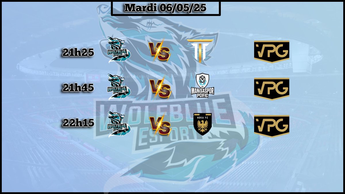 Wolfblue Esport (@esportwolfblue) on Twitter photo Bonjour
3 Match de prévue au programme dont la coupe <a href="/OfficialVPG/">Virtual Pro Gaming</a>
⏲21h25⏲
Wolfblue Esport 🆚 <a href="/TeamInsiderss/">Team Insiders</a> 🏆🇪🇺
⏲21h45⏲
Wolfblue Esport 🆚 <a href="/PCIFICespor/">PCIFIC Espor</a> 🇪🇺
⏲22h15⏲
Wolfblue Esport 🆚 <a href="/VPGHOKAFC/">HOKA FC 🦅</a> 🇪🇺
Enjoy 🔵⚪ Bonjour
3 Match de prévue au programme dont la coupe <a href="/OfficialVPG/">Virtual Pro Gaming</a>
⏲21h25⏲
Wolfblue Esport 🆚 <a href="/TeamInsiderss/">Team Insiders</a> 🏆🇪🇺
⏲21h45⏲
Wolfblue Esport 🆚 <a href="/PCIFICespor/">PCIFIC Espor</a> 🇪🇺
⏲22h15⏲
Wolfblue Esport 🆚 <a href="/VPGHOKAFC/">HOKA FC 🦅</a> 🇪🇺
Enjoy 🔵⚪