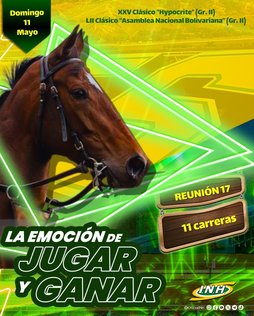 ▪️ Este domingo 11 de mayo en el Hipódromo Internacional  La Rinconada🏇, disfrutaremos de 11 emocionantes carreras 🏇, entre ellas: 

🏆LII Clásico "Asamblea Nacional Bolivariana" (Gr. II)

🏆 XXV Clásico "Hypocrite" (Gr. II) 

¡Sella tu 5y6 🥇🐴!

#Hipismo 🐴