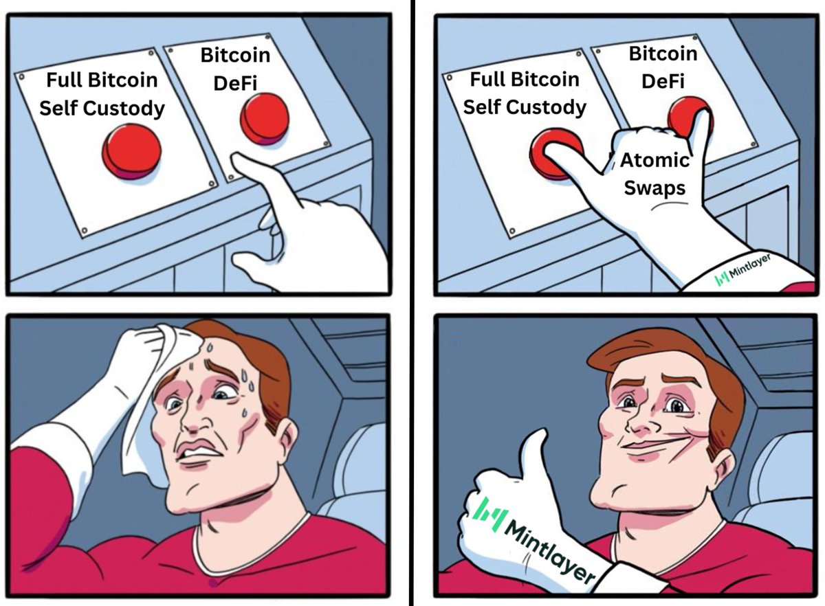 Normally, using Bitcoin DeFi means giving up your Bitcoin custody (i.e.  Wrapped Tokens) 😱 😜 Not with Mintlayer Native BTC Cross Chain Swaps =  Full Self Custody AND DeFi utility 🛠️🔐