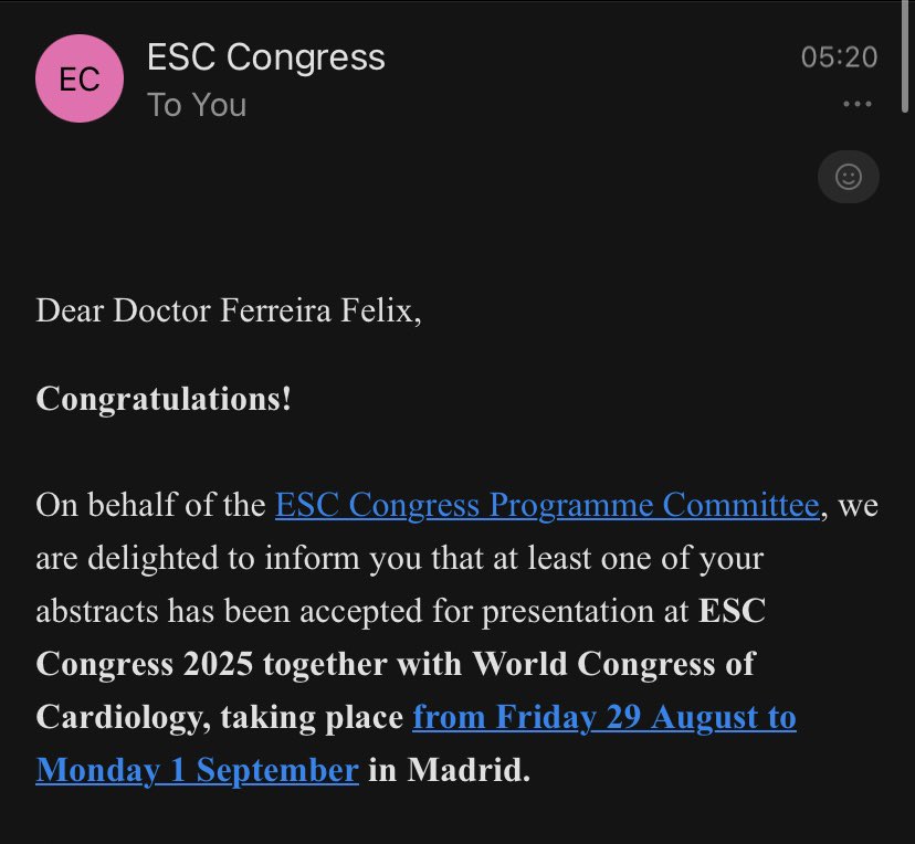 Iuri Ferreira Felix, MD (@iuriffelix) on Twitter photo Thrilled to share our abstract was just accepted as a moderated poster at the #ESCCongress 🫀🔥
Huge thanks to my mentors who paved the way 🙏🏽
See you all in Madrid!! 🇪🇸
<a href="/DrDeese99/">Christopher DeSimone, MD, PhD</a> <a href="/abhishek_mbbs/">Abhishek</a> <a href="/MayoMN_IMRES/">Mayo Clinic Internal Medicine Residency Rochester</a> <a href="/MayoClinicCV/">Mayo Clinic CV</a> Thrilled to share our abstract was just accepted as a moderated poster at the #ESCCongress 🫀🔥
Huge thanks to my mentors who paved the way 🙏🏽
See you all in Madrid!! 🇪🇸
<a href="/DrDeese99/">Christopher DeSimone, MD, PhD</a> <a href="/abhishek_mbbs/">Abhishek</a> <a href="/MayoMN_IMRES/">Mayo Clinic Internal Medicine Residency Rochester</a> <a href="/MayoClinicCV/">Mayo Clinic CV</a>