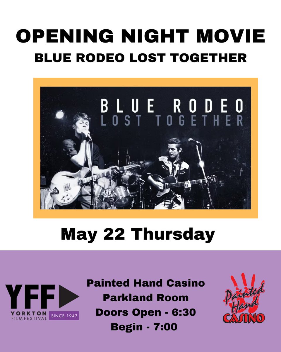 We are having the 2025 Yorkton Film Festival’s opening night screening of the documentary film “Blue Rodeo: Lost Together”

View “Blue Rodeo: Lost Together” at our FREE screening on May 22rd, 2025

@PaintedhHandSIGA

#yff2024 #documentary #yorktonfilmfestival #bluerodeo