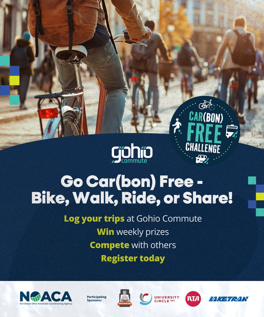 The Go (CAR)bon Free Challenge is ON! Register at GohioCommute, then walk, bike, bus, carpool or telecommute — log your trips and be entered to win weekly and grand prizes! Learn more: gohiocommute.com/#/pages/about-…

#CARbonFree #CARbonFreeChallenge #GohioCommute