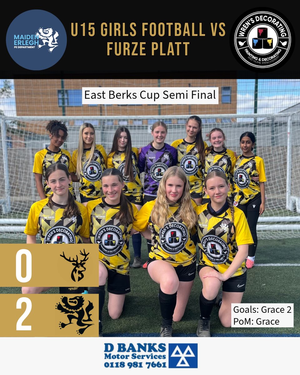 Congratulations to the U15 Girls Football team who are into the Final of the East Berks Cup after a victory away to Furze Platt this evening. 

PoM awarded to Grace who was superb, but special mentions to Emilia and Katie who were rocks at the back and for a deserved clean sheet.