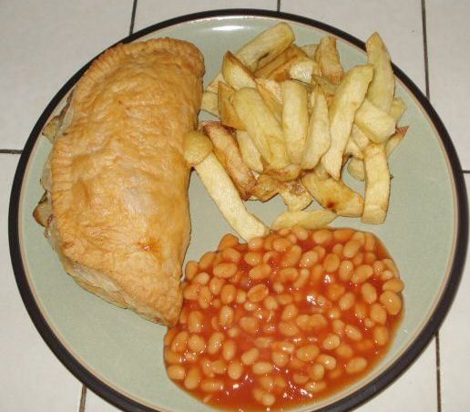 Cornish Pasty, Chips and Beans
