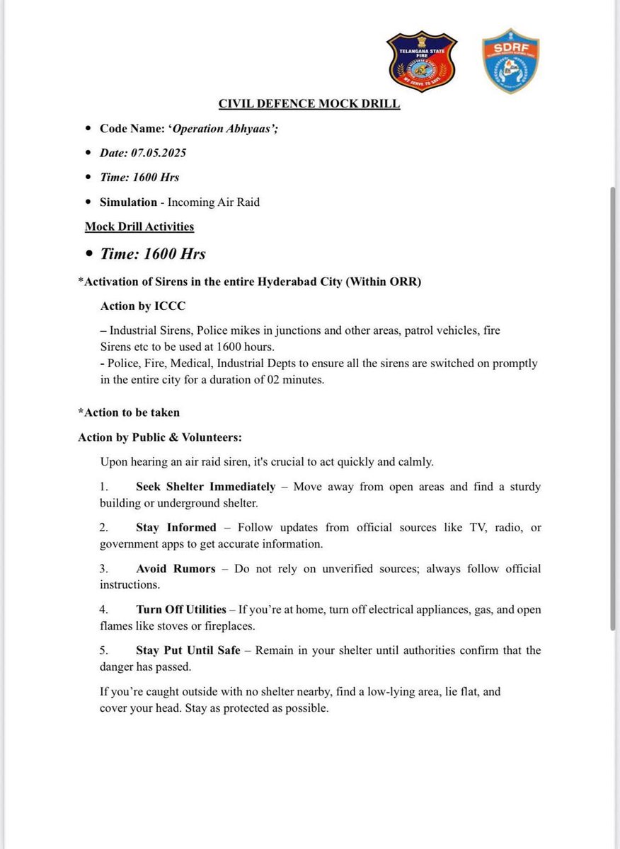 Mock Drill Tommarrow HYD

#OperationAbhayas