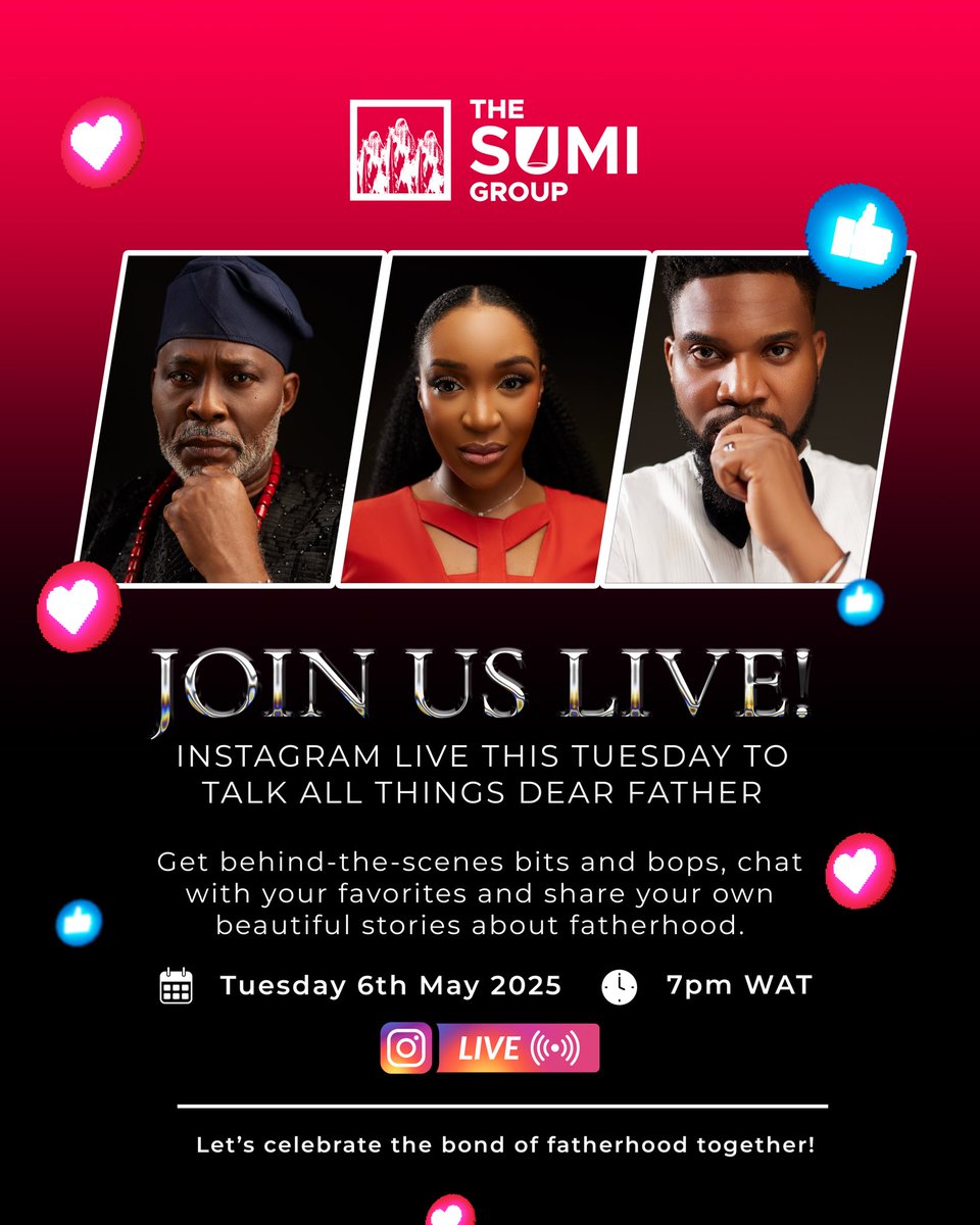 Officialthesumi (@officialthesumi) on Twitter photo We’re going LIVE today at 7PM WAT!
Join <a href="/KunleRemi/">HIS EXCELLENCY KR</a> , <a href="/RMofeDamijo/">Richard Mofe-Damijo(RMD)</a> & Idia Aisien for laughs, stories and all things Dear Father, they will share personal stories about fatherhood.
Don’t miss it! Tune in on IG Live <a href="/officialthesumi/">Officialthesumi</a>
#DearFatherTheStagePlay #TheSumiGroup We’re going LIVE today at 7PM WAT!
Join <a href="/KunleRemi/">HIS EXCELLENCY KR</a> , <a href="/RMofeDamijo/">Richard Mofe-Damijo(RMD)</a> & Idia Aisien for laughs, stories and all things Dear Father, they will share personal stories about fatherhood.
Don’t miss it! Tune in on IG Live <a href="/officialthesumi/">Officialthesumi</a>
#DearFatherTheStagePlay #TheSumiGroup