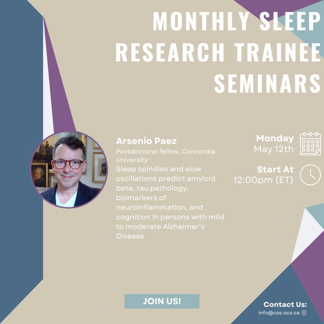 📢Discover the next Sleep Research Trainee Seminar!
Join us next Monday at 12PM (ET; 9AM (PT)) to learn more about ongoing sleep research and meet other sleep trainees.
For more information, visit our website: css-scs.ca/research-train…