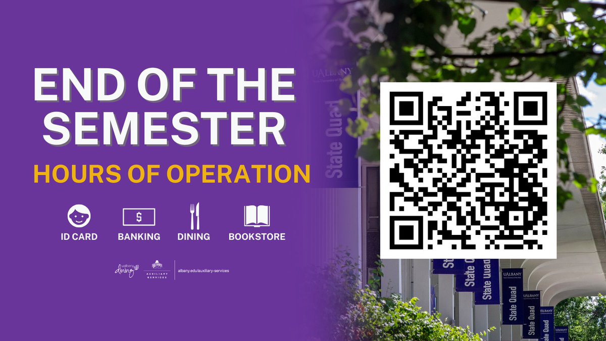 End of the semester hours are here! ⏰

Effective: May 7 - May 14

Check them out now at 🔗 ow.ly/zMka50VwMNW

#UAlbany #UniversityAtAlbany