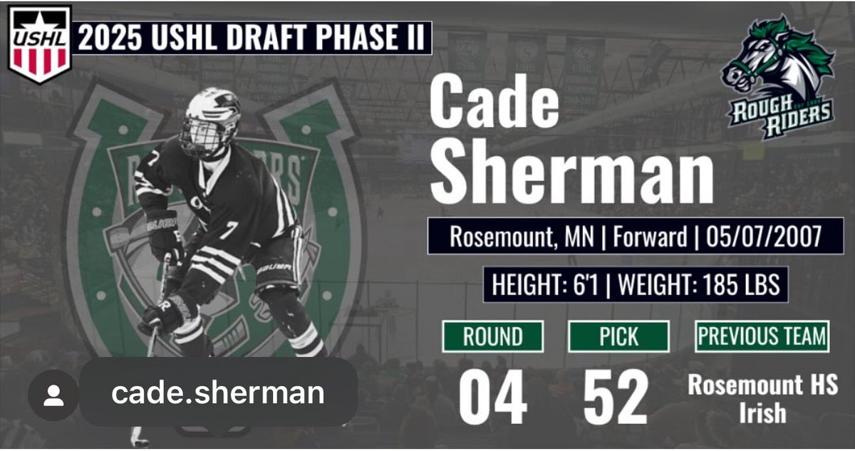 From Rosemount Hockey to the USHL - Cade Sherman has officially been drafted by the Cedar Rapids RoughRaiders! A huge milestone and exciting new chapter ahead! #ushl #rosemountirishhockey #buildfromwithin