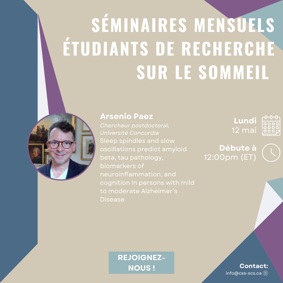 📢 Découvrez le prochain séminaire étudiant !
Joignez-vous à nous à 12h (ET) pour en apprendre plus sur les recherches en cours et rencontrer d'autres étudiants en recherche sur le sommeil.

Pour plus d'information, visitez notre site web : scs-css.ca/recherche-form…