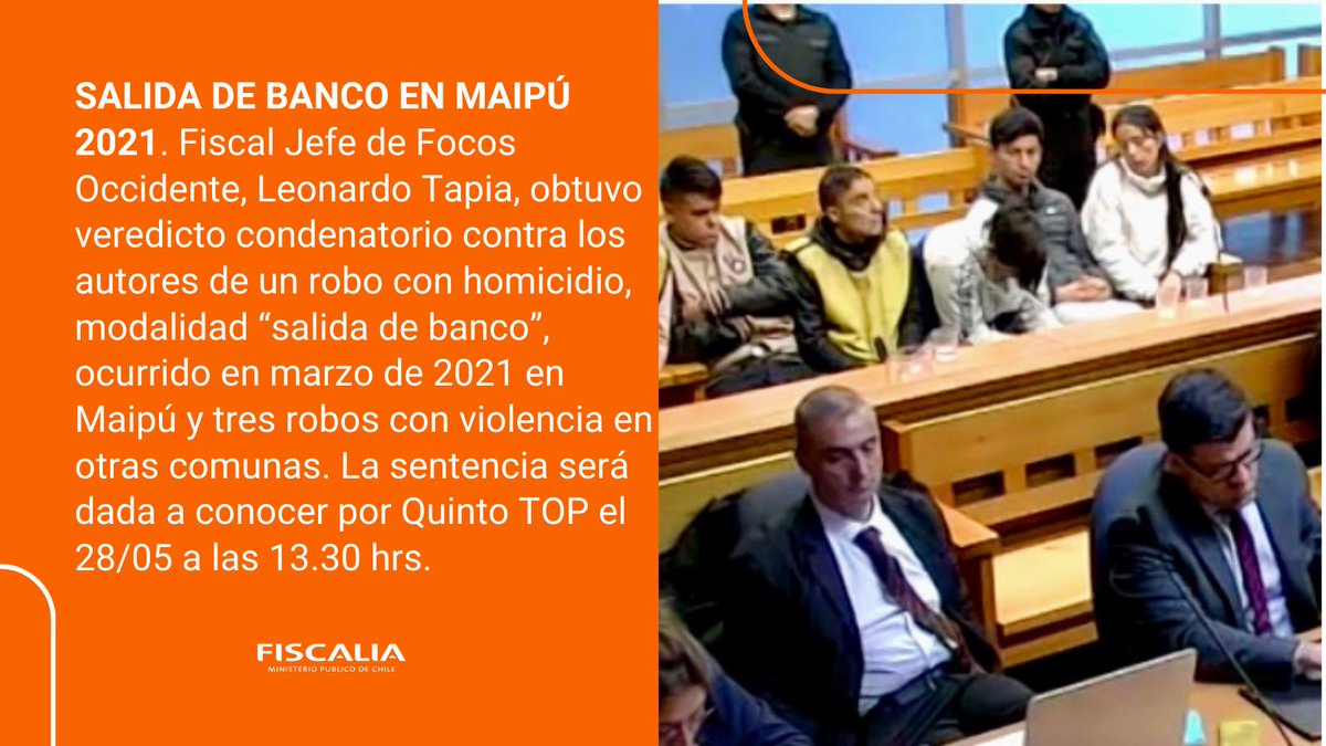 🔴CONDENAN A AUTORES DE MORTAL SALIDA DE BANCO. Quinto Tribunal Oral en lo Penal (TOP) de Santiago condenó hoy a autores de robo con homicidio ocurrido en marzo de 2021 en Maipú.Causa fue investigada y llevada a juicio oral por Fiscal Jefe de Focos ⁦Occidente Leonardo Tapia
👇🏻