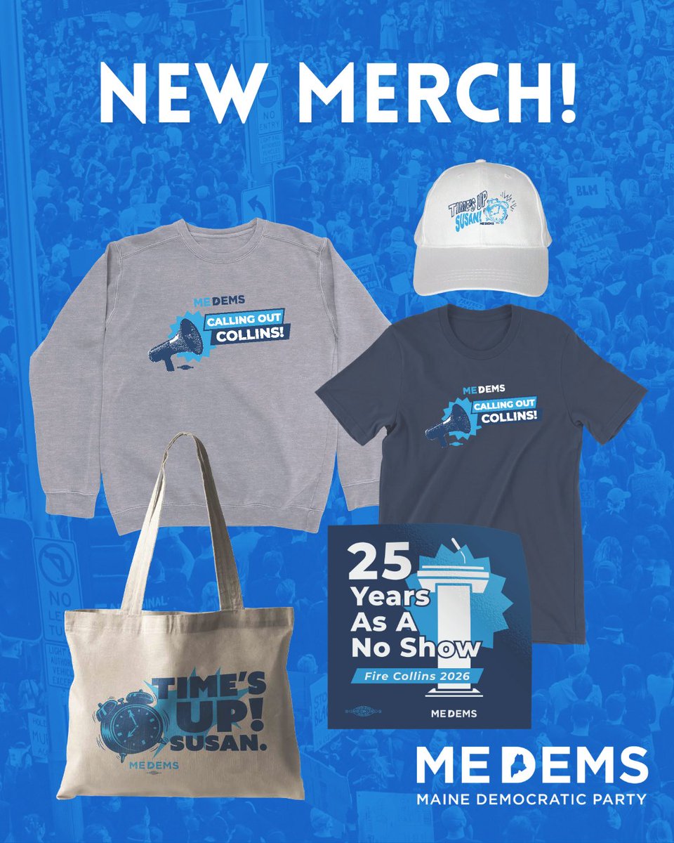 📢 Our Defeat Collins merch is here! We don’t need more empty gestures from Susan Collins. We need action. Grab your gear and join us for Calling Out Collins on May 31 in Bangor. RSVP required. Merch and event registration links below.
RSVP: mobilize.us/mainedems/even…
Merch: