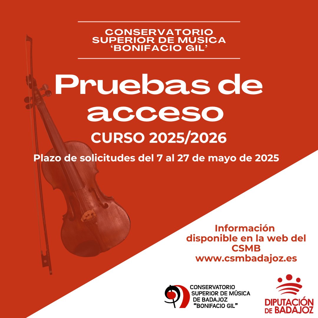 Pruebas acceso conservatorio superior
Plazo inscripción: del 7 al 27 de mayo
+info: csmbadajoz.es/?page_id=7493