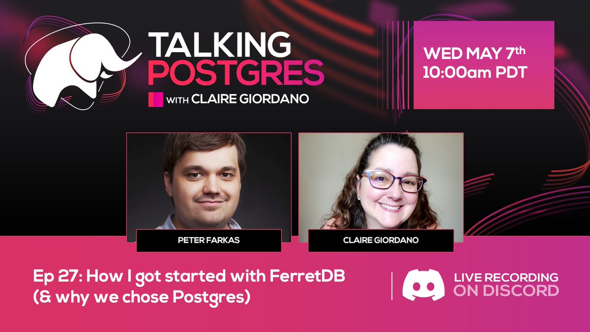 clairegiordano's tweet image. This week is the LIVE recording of the #TalkingPostgres podcast (Ep27) on the Microsoft Open Source Discord
Guest: Peter Farkas of @ferret_db
Topic: How I got started with FerretDB (& why we chose Postgres)
When: Wed May 7 @ 10am PDT
Calendar invite: aka.ms/TalkingPostgre…