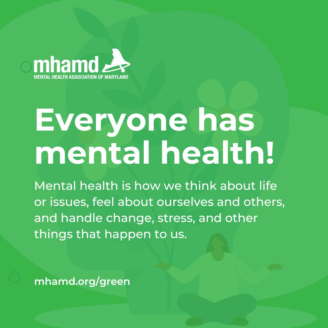 Everyone has mental health—but what is it?

 It’s how we think, feel, connect with others, and handle life’s ups and downs. We all have it, every single day.

How do you care for yours? Share in the comments!  

👇👇👇

 #MentalHealthAwarenessMonth #GoGreenMD