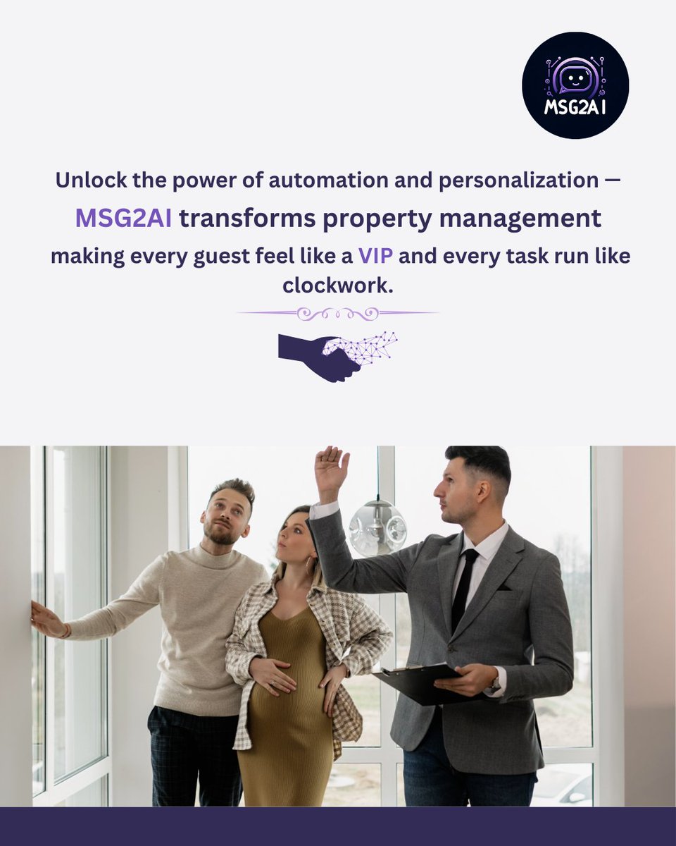 Transform property management with MSG2AI! 🏨✨
 Automate tasks, personalize experiences, and boost efficiency.
 Every guest is a VIP. 🚀
#AIforPropertyManagement #AI #GuestExperience #MSG2AI