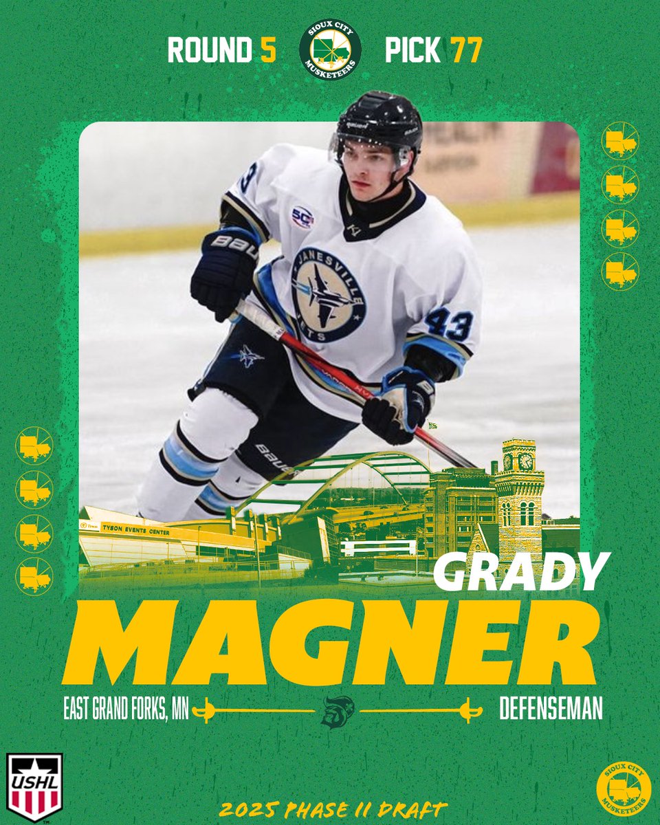 Round 5⃣ pick 7⃣7⃣ we keep adding to the blue line with the selection of Grady Magner, welcome to Sioux City Grady

#SCMusketeers | #USHL | #SiouxCity