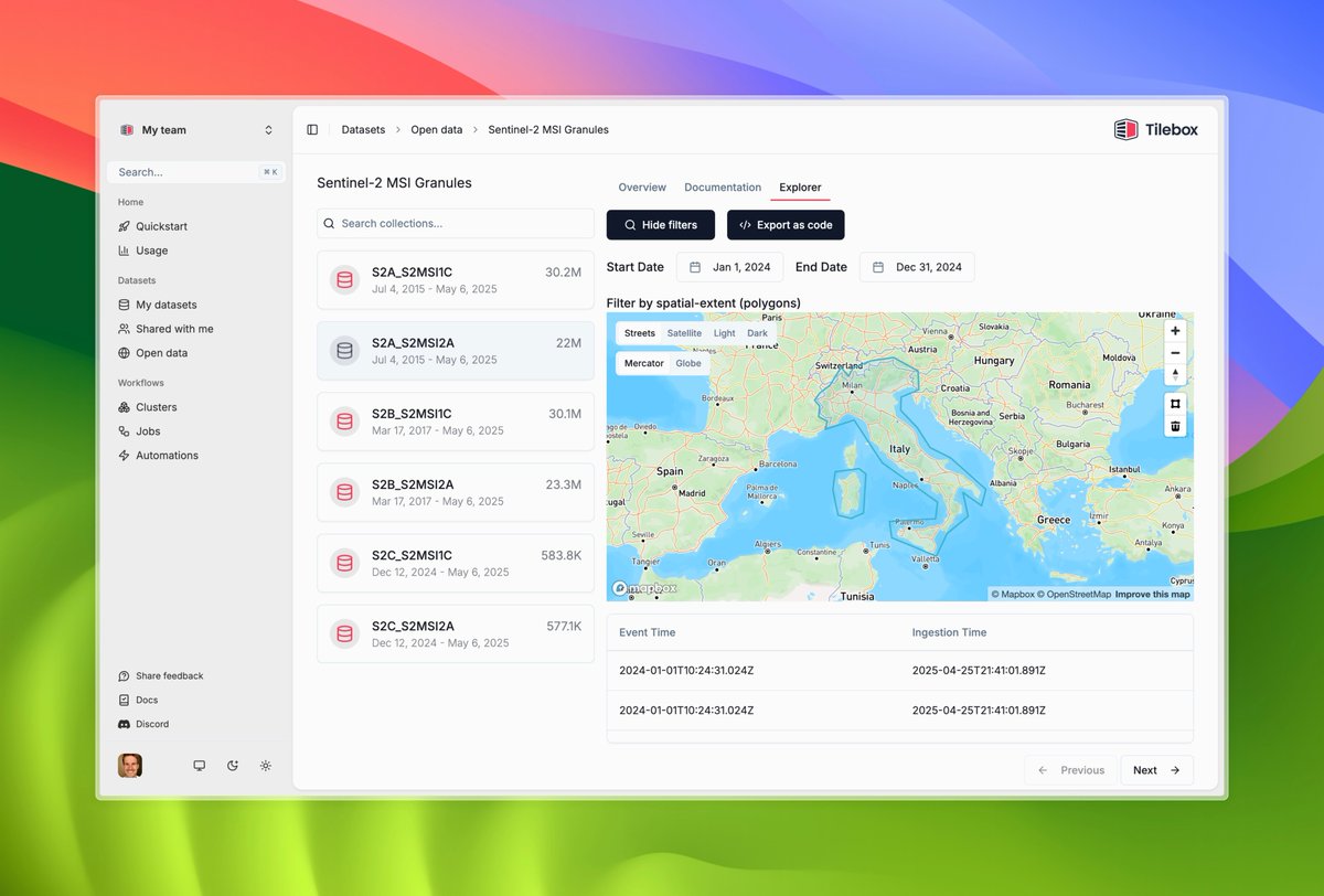 Tilebox spatio-temporal datasets are now fully supported in all languages and you can create your own!

Core problems this solves:
- finding relevant data quickly (e.g. all Sentinel 2 granules along the US coastline) – Tilebox is now &gt;100x faster than what's out there
- storing