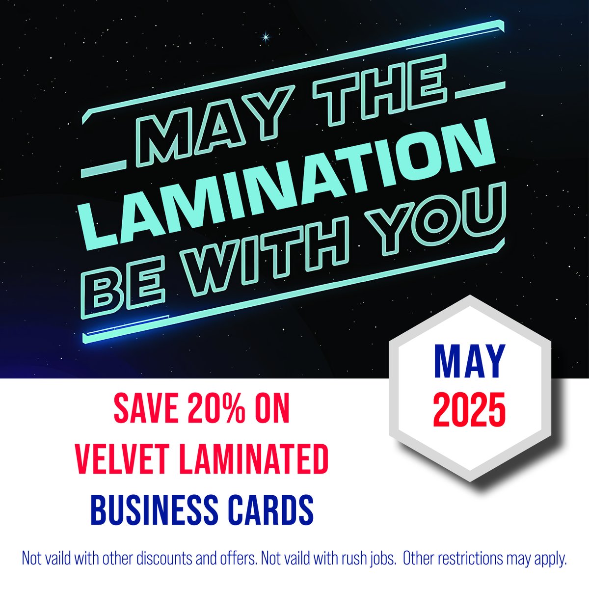 usaquickprint's tweet photo. Give your business cards the force of superiority with velvet laminating! Durable, scuff-resistant, and unforgettable! Save 20% on your velvet laminated business cards this month! 

#USAQuickprint #usaqp #businesscards #velvetlamination #MAYTHEFORCEBEWITHYOU   #MaySpecial https://t.co/emsCwWjO3g