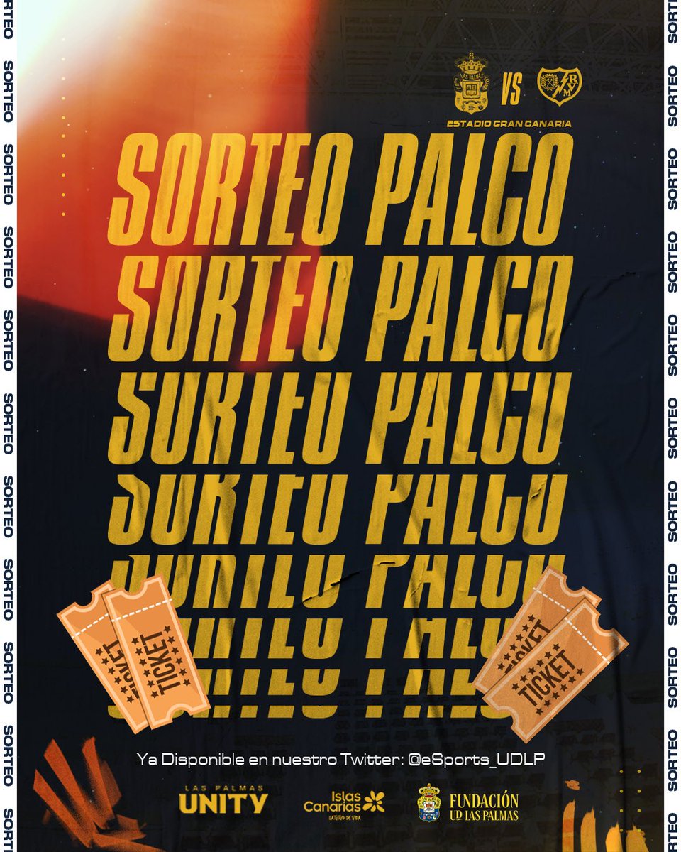 🚨¡Sorteamos dos entradas para el partido de este viernes!  

Sigue los pasos y participa: 

1️⃣RT + Like 🔃❤️ 

2️⃣ Sigue a <a href="/eSports_UDLP/">Las Palmas Unity 🔥</a>

3️⃣Deja un comentario nombrando a tu acompañante.  

⏳El plazo para participar finalizará el jueves a las 12:00. Ese mismo día anunciaremos el