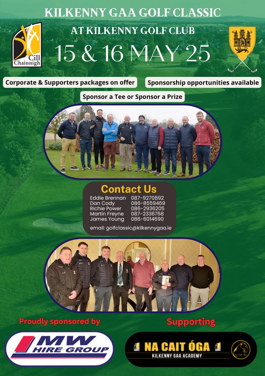 ⛳ Last call! Limited spots left for the Kilkenny GAA Golf Classic on the 15 &amp; 16 May🏌️‍♂️
 
⏳ Timesheet filling fast – don’t miss out!
 
💥 Interested in sponsoring a tee or donating a prize? We'd love your support – please get in touch!
 
#KilkennyGAA #GolfClassic #SupportTheCats