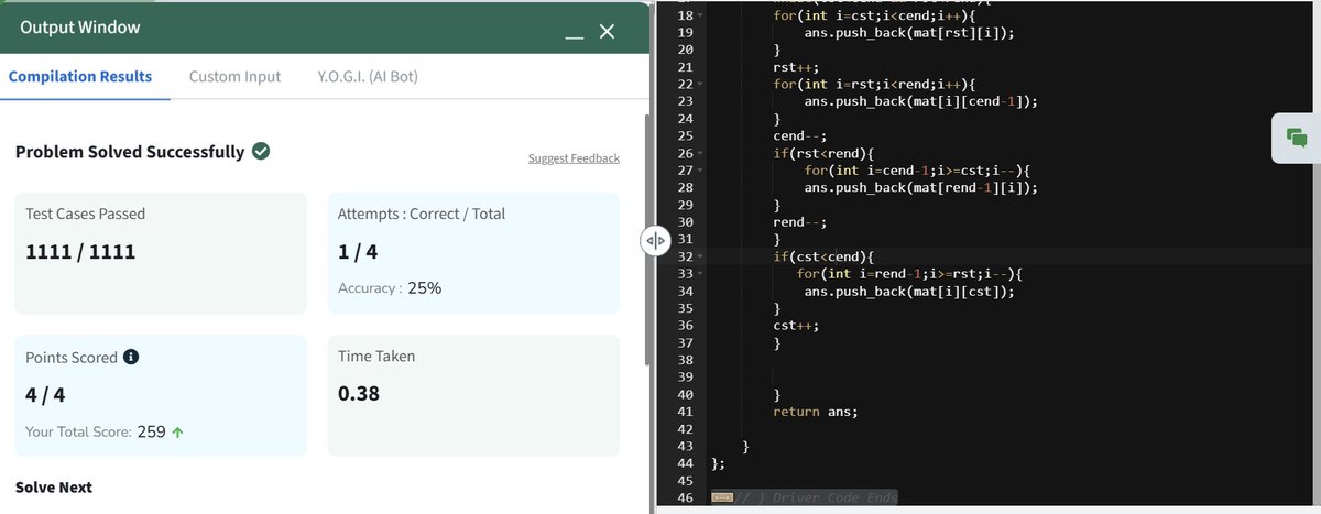 Tripathi_2022_'s tweet image. 📘 Day 36/160 of GFG DSA Challenge
🔁 Solved &quot;Spiral Matrix Traversal&quot; on GFG!
💡 Used layer-wise traversal with bounds: rst, rend, cst, cend
#DSA #GFG160 #SpiralMatrix #cpp #geeksforgeeks #ProblemSolving #gfgstreak2025
