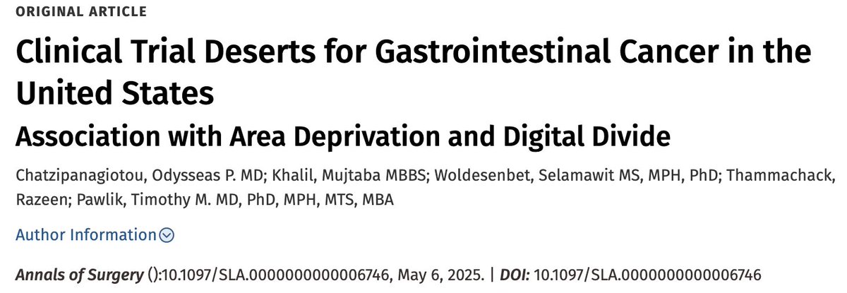 Odysseas Chatzipanagiotou (@odysseaspchatz) on Twitter photo Excited to share our latest work on clinical trial deserts, contributing to the growing literature on healthcare access disparities in the US!
Grateful to be part of the incredible team at <a href="/OhioStateSurg/">Ohio State Wexner Medical Center Surgery Dept.</a> and for the invaluable mentorship of Dr. <a href="/timpawlik/">Timothy M. Pawlik</a>!
Now published in Excited to share our latest work on clinical trial deserts, contributing to the growing literature on healthcare access disparities in the US!
Grateful to be part of the incredible team at <a href="/OhioStateSurg/">Ohio State Wexner Medical Center Surgery Dept.</a> and for the invaluable mentorship of Dr. <a href="/timpawlik/">Timothy M. Pawlik</a>!
Now published in