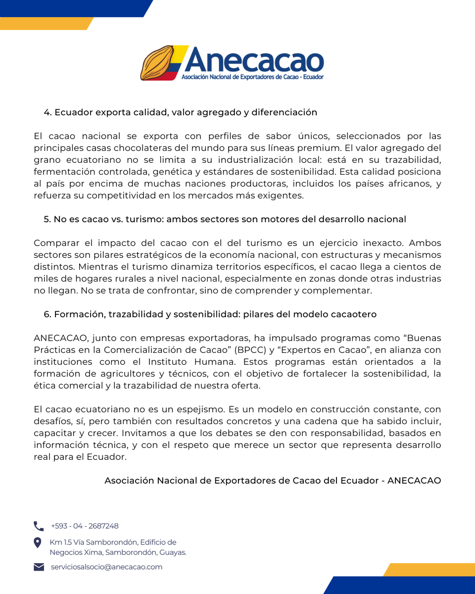 #COMUNICADO
El cacao ecuatoriano no es un espejismo, sino un modelo inclusivo que genera desarrollo real para miles de familias, basado en datos verificables, ética comercial y compromiso con el productor.

#Anecacao #Cacao #Cocoa #Ecuador