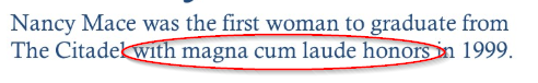 drewster1960's tweet photo. @NancyMace @Citadel1842 Here is the accurate information : to give her her due, magna cum laude is not easy but her post leaves this piece out.  Curious piece to leave out since she graduated a full 29 years after the first woman who you would think citadel graduates would remember for that milestone. https://t.co/C3q6BjxaGf