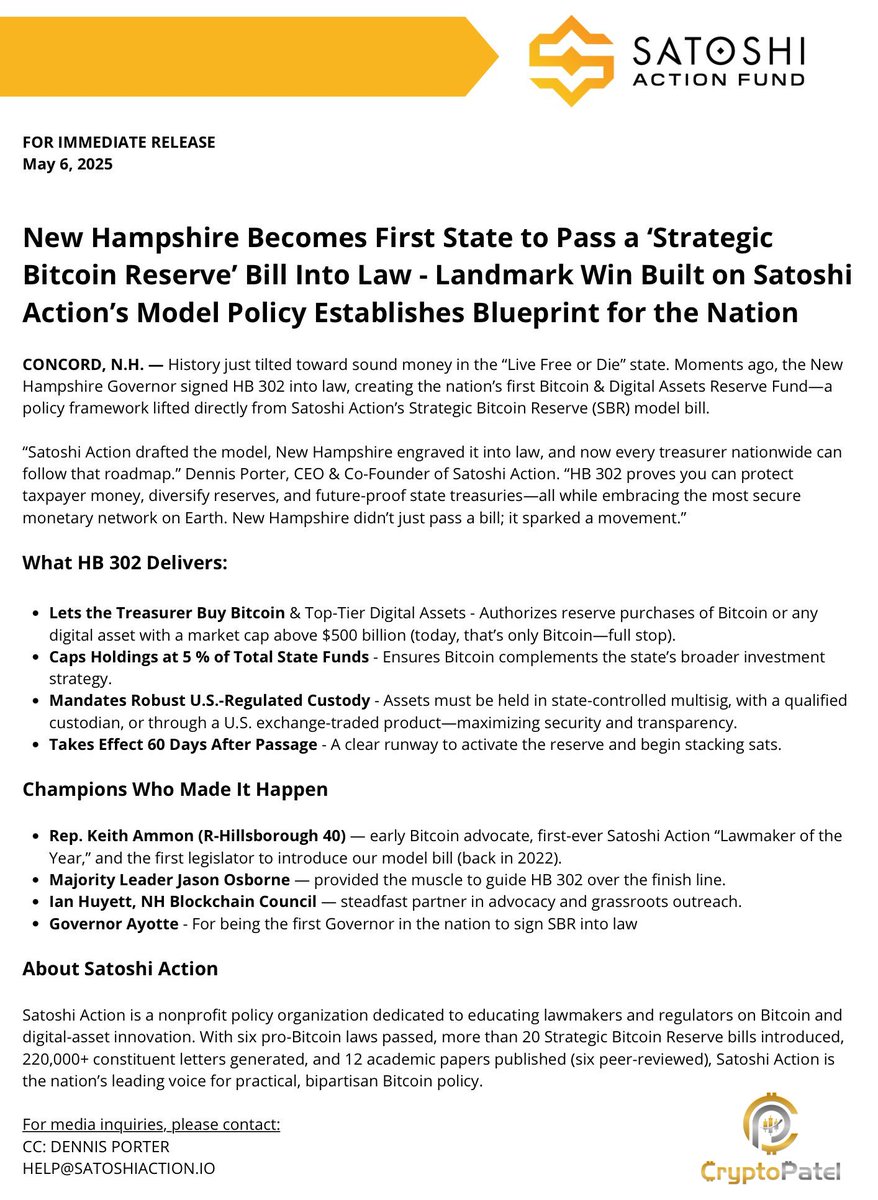 🚨 HISTORIC: New Hampshire becomes the 1st U.S. state to legalize a  Strategic #Bitcoin Reserve! ✓ Governor signs HB 302 ✓ State can now invest  up to 5% of treasury into $BTC