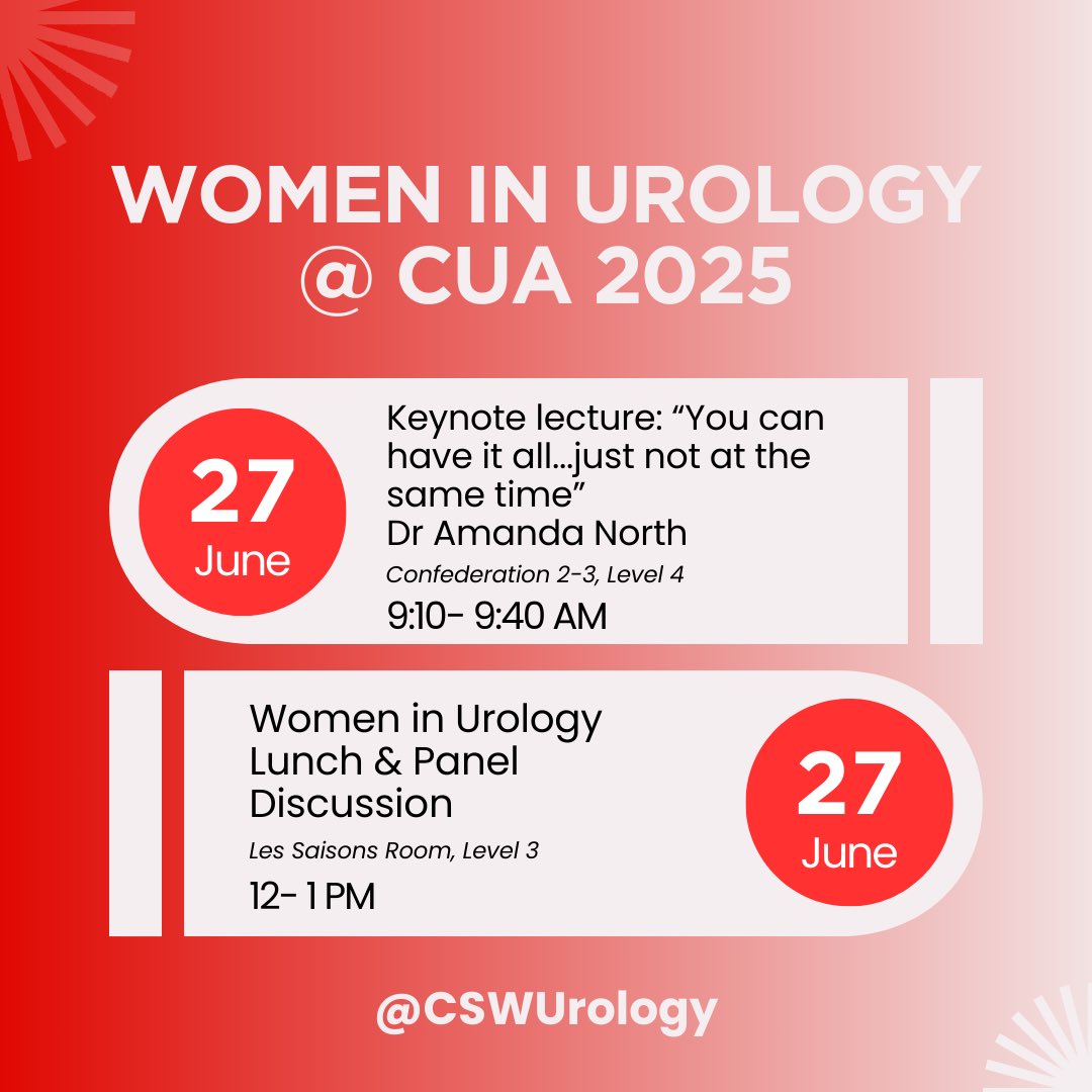 Canadian Society for Women in Urology (CSWU) (@cswurology) on Twitter photo We’re so excited to see you all at #CUA2025! Come join us for dedicated programming on gender equity in urology with Dr <a href="/anorth21/">Amanda North</a> 🤩 + lunch & learn 🥪🥗
No additional registration required and all welcome!
<a href="/CanUrolAssoc/">Canadian Urological Association</a> We’re so excited to see you all at #CUA2025! Come join us for dedicated programming on gender equity in urology with Dr <a href="/anorth21/">Amanda North</a> 🤩 + lunch & learn 🥪🥗
No additional registration required and all welcome!
<a href="/CanUrolAssoc/">Canadian Urological Association</a>
