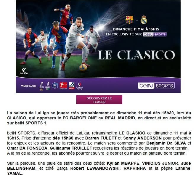Barcelone / Real sur beIN SPORTS 1 ce dimanche à 16h15.
Commentaires : <a href="/BenjDaSilva/">Benjamin Da Silva</a> et <a href="/Omar_daFonseca/">Omar da Fonseca</a> 
Bord terrain : <a href="/truilletgui/">Guillaume</a>
Prise d'antenne dès 15h30 avec <a href="/1DarrenTulett/">Darren Tulett</a> et <a href="/sonnyanderson10/">Sonny Anderson</a>