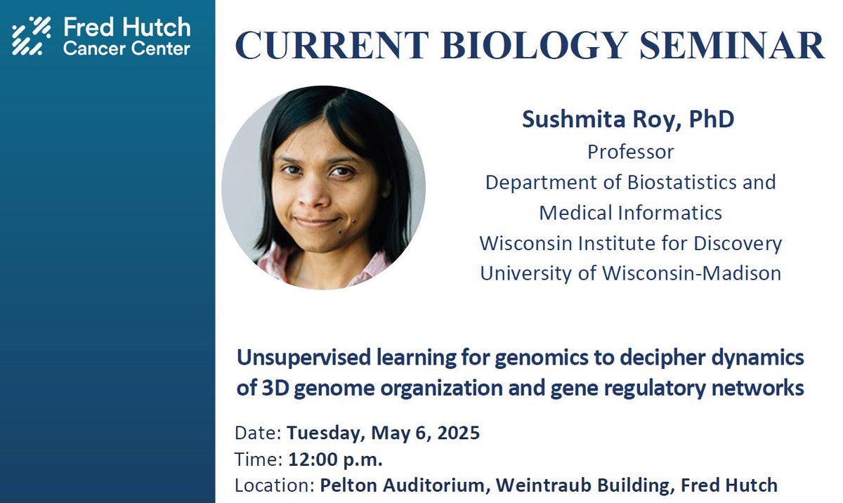 Hutch Basic Sciences (@hutchbasicsci) on Twitter photo "Unsupervised learning for genomics to decipher dynamics of 3D genome organization and gene regulatory networks”
We’re excited for a great talk from <a href="/sroyyors/">Sushmita Roy @sroyyors.bsky.social,genomic.social</a> at today’s Current Biology Seminar! For all our @FredHutch colleagues, don’t miss it at noon in Pelton Auditorium. "Unsupervised learning for genomics to decipher dynamics of 3D genome organization and gene regulatory networks”
We’re excited for a great talk from <a href="/sroyyors/">Sushmita Roy @sroyyors.bsky.social,genomic.social</a> at today’s Current Biology Seminar! For all our @FredHutch colleagues, don’t miss it at noon in Pelton Auditorium.