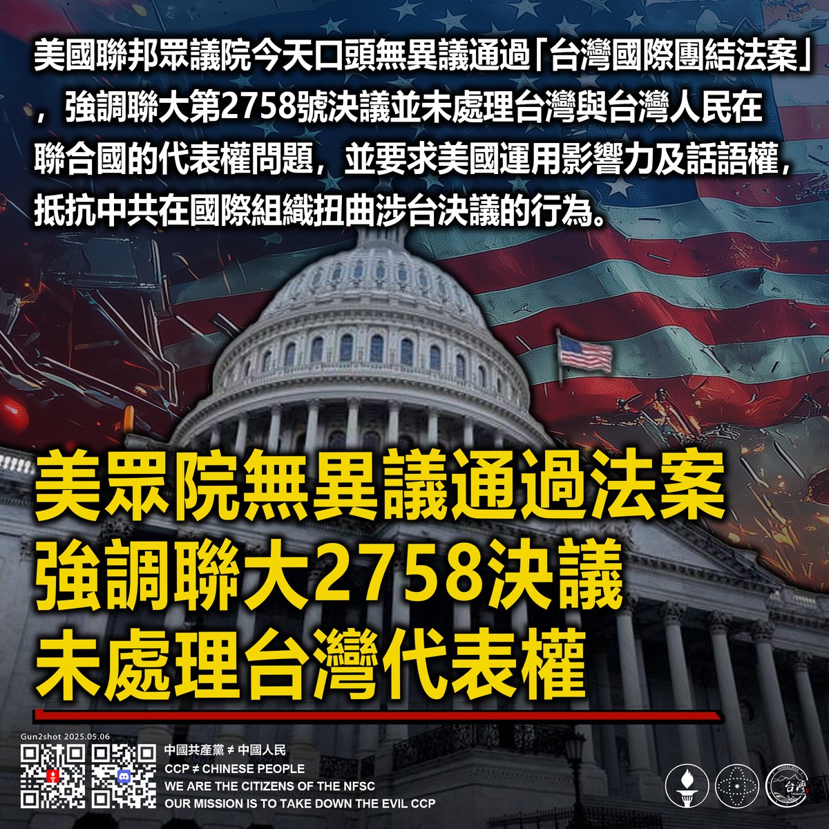 美眾院無異議通過法案強調聯大2758決議未處理台灣代表權！ 美國聯邦眾議院今天口頭無異議通過「台灣國際團結法案 」，強調聯大第2758號決議並未處理台灣與台灣人民在聯合國的代表權問題，並要求美國運用影響力及話語權，抵抗中共在國際組織扭曲涉台決議的行為。