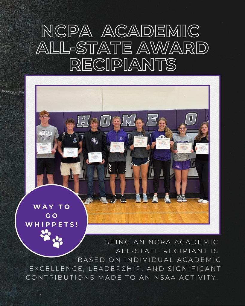 Congratulations Brett Eckhardt, Brody Sexton, Will Runions, Caden Jameson, Kinsie Land, Mattie Kamery, Addison Brown, and Adalle Banzhaf-Diaz on being selected as NCPA Academic All State recipients.